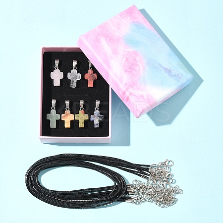 DIY Natural & Synthetic Gemstone Cross Pendant & Waxed Cord Pendant Necklace Making Kits DIY-FS0008-46-1