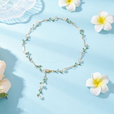 Brass Micro Pave Green Cubic Zirconia & Imitation Pearl Flower Branch Link Chain Necklaces for Women NJEW-JN05309-1
