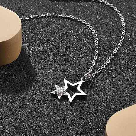 304 Stainless Steel Crystal Rhinestone Double Star Pendant Cable Chain Necklaces NJEW-Z056-02A-P-1