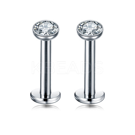 Flat Round Stainless Steel Clear Cubic Zirconia Internally Threaded Labrets WG955BE-01-1