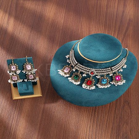 Rectangle Alloy Glass Choker Necklace & Earrings Sets for Women FS-WG507E8-06-1