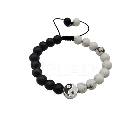 Natural Howlite & Frosted Dyed & Heated Black Agate Braided Bead Bracelets ZE0414-1