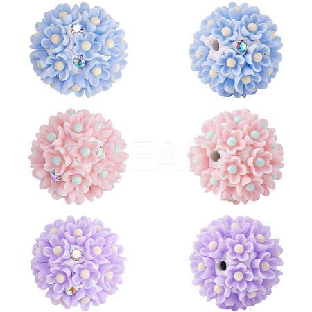 6Pcs 3 Colors Handmade Polymer Clay Rhinestone Floral Ball Beads CLAY-SC0002-14-1