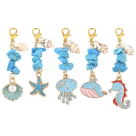 5Pcs Ocean Synthetic Turquoise & Shell & Alloy Enamel Pendant Decorations HJEW-YW00108-1