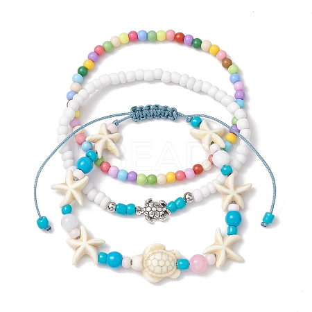 3Pcs 3 Styles Starfish & Turtle Synthetic Turquoise Braided Bead Bracelet Sets BJEW-JB10348-1