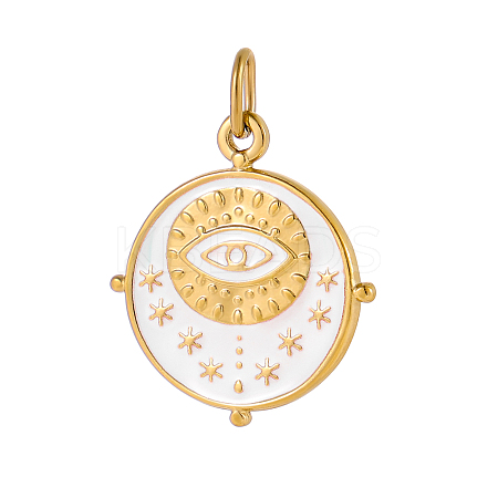 Flat Round with Eye Charms 304 Stainless Steel Enamel Pendants STAS-OY004-12G-1