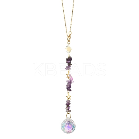 Round Glass & Natural Amethyst Chips Hanging Suncatchers HJEW-JM04209-02-1
