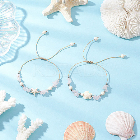 2Pcs Turtle and Starfish Synthetic Turquoise Beads Braided Bead Bracelets for Women BJEW-JB12064-01-1