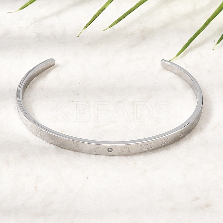 304 Stainless Steel Micro Pave Clear Cubic Zirconia Roman Numerals Open Cuff Bangles for Women SA-CBAC920-09P-1
