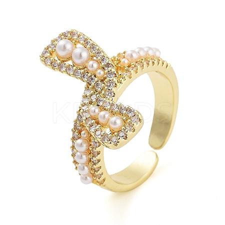 Rack Plating Brass Micro Pave Cubic Zirconia Bowknot Open Cuff Rings for Women RJEW-C080-04G-1