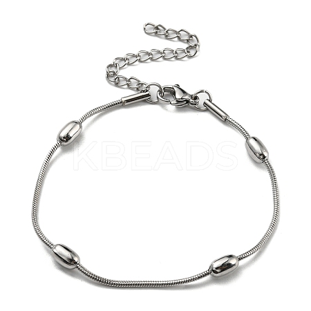 Tarnish Resistant 304 Stainless Steel Round Snake Chain Bracelet with Oval Beaded BJEW-E088-03P-1
