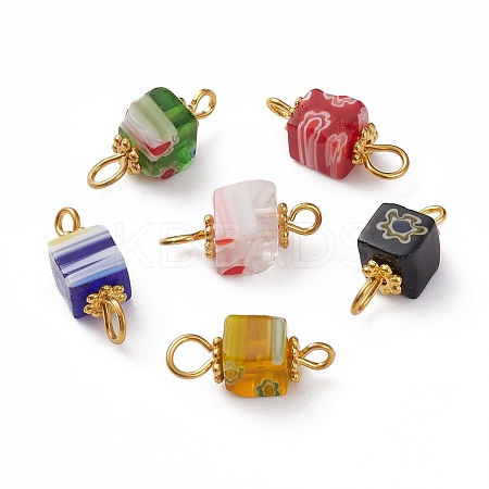 Cube Handmade Millefiori Glass Connector Charms PALLOY-JF00578-20A-1