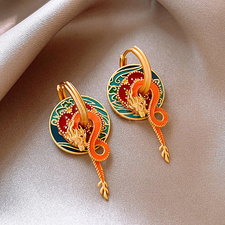 Dragon & Flat Round & Flower Brass Enamel Hoop Earrings FS-WGDA516-01-1