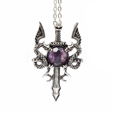 Natural Amethyst Dragon Sword Pendant Necklace G-PW0004-67H-1