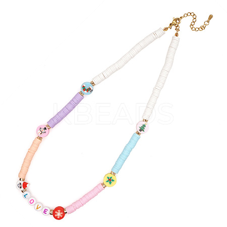 Christmas Theme Glass & Imitation Pearl & Brass LOVE Heishi Beaded Necklaces LS-GF3195-8-1