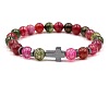 8MM Round Natural Dragon Veins Agate(Dyed & Heated) Beaded Stretch Bracelets with Synthetic Non-magnetic Hematite Cross FA1012-10-1