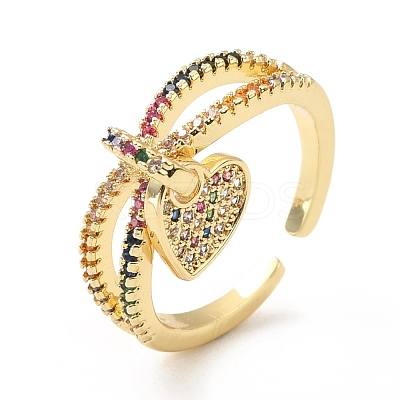 Rhinestone Heart Charm Open Cuff Ring RJEW-M142-09G-1