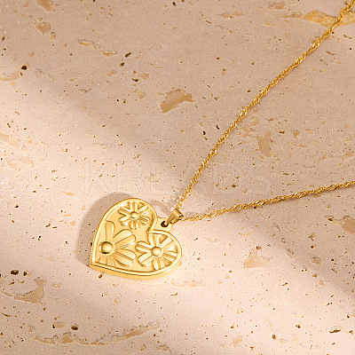 201 Stainless Steel Flower Heart Pendant Necklaces for Women FS-WGE2290-01-1