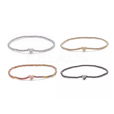 Glass Round Beaded Stretch Bracelet with Brass Heart for Women BJEW-JB08090-1