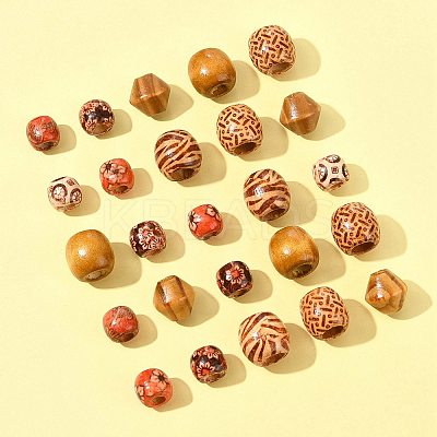 161Pcs 8 Styles Printed Natural Wood Beads WOOD-FS0001-52-1