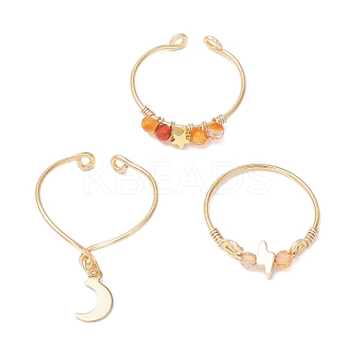 3Pcs Copper Wire Wrapped Gemstone Faceted Round Bead Finger Rings for Women RJEW-JR00887-1
