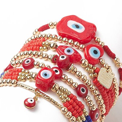 7Pcs 7 Style Evil Eye Lampwork & Glass Seed & Brass Beaded Stretch Bracelets Set for Women BJEW-JB09249-01-1