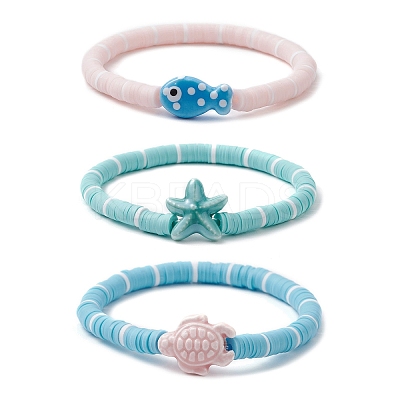 3Pcs 3 Styles Flat Round Handmade Polymer Clay Heishi Beaded Stretch Bracelets BJEW-JB11715-1