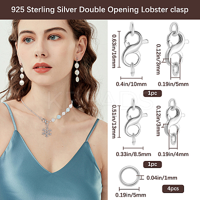 2Pcs 2 Styles Rhodium Plated 925 Sterling Silver Double Opening Lobster Claw Clasps DIY-BBC0001-91-1