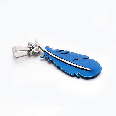 304 Stainless Steel Rhinestone Large Feather Pendants STAS-E090-88-1