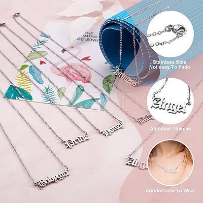 6Pcs 6 Style 304 Stainless Steel Word Pendant Necklace NJEW-KS0001-06P-1