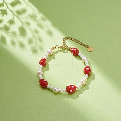 3D Lampwork Strawberry & Shell Pearl Beaded Bracelet for Women BJEW-TA00174-1