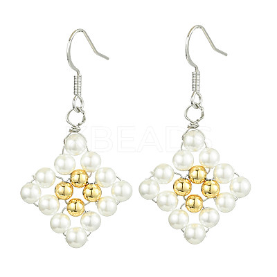 Rhombus Shell Pearl & Brass Dangle Earrings EJEW-JE05775-1