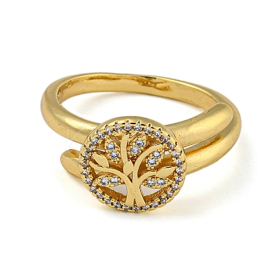 Flat Round with Tree of Life Brass Micro Pave Clear Cubic Zirconia Double Rings RJEW-Z050-23G-1