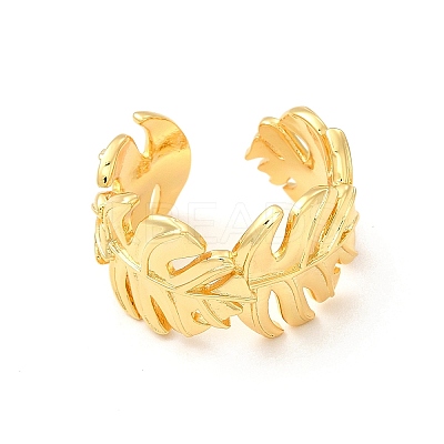 Brass Tropical Leaf Wrap Open Cuff Ring for Women RJEW-A015-08G-1