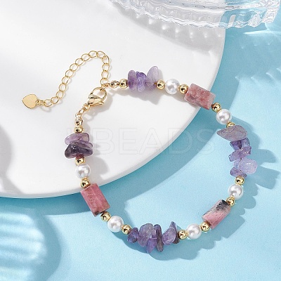 Natural Amethyst Chip & Rhodonite Column & Shell Pearl Beaded Bracelets for Women BJEW-JB12910-1