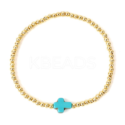 Cross Synthetic Turquoise & Round Brass Beaded Stretch Bracelets VG5379-1-1