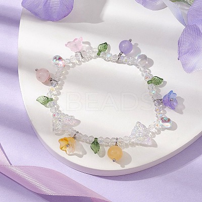 Dyed Natural Mixed Stone & Glass Beaded Stretch Bracelet with Flower Charms BJEW-JB10176-04-1