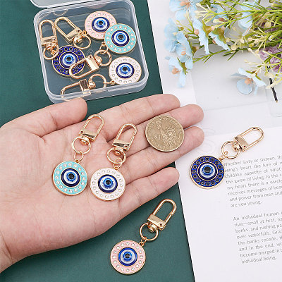 8Pcs 4 Colors Round Evil Eye Rhinestone Enamel Pendant Decorations HJEW-GL0001-09-1