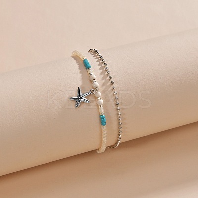 1Pc Starfish Alloy Charm Glass Seed Beaded Stretch Anklets and 1Pc Alloy Ball Chain Anklets FS-WGED47C-01-1