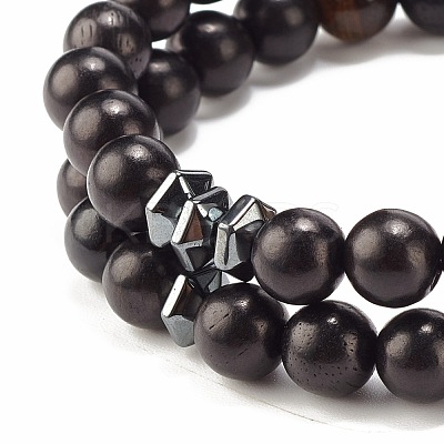 2Pcs 2 Style Natural Wood & Tiger Eye & Synthetic Hematite Stretch Bracelets Set BJEW-JB07940-1
