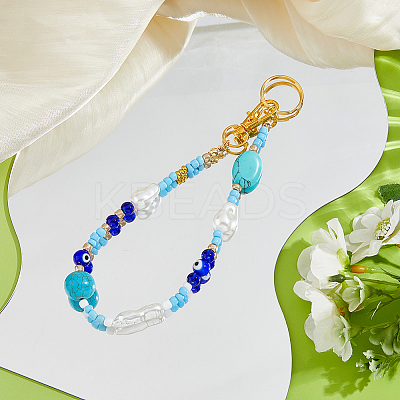 Glass & Synthetic Turquoise & ABS Plastic Imitation Pearl Keychain HJEW-FH00142-1