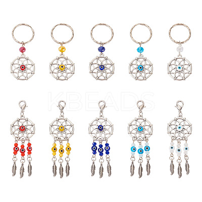 Woven Net/Web with Feather Tibetan Style Alloy Pendant Decorations HJEW-KS0001-03-1