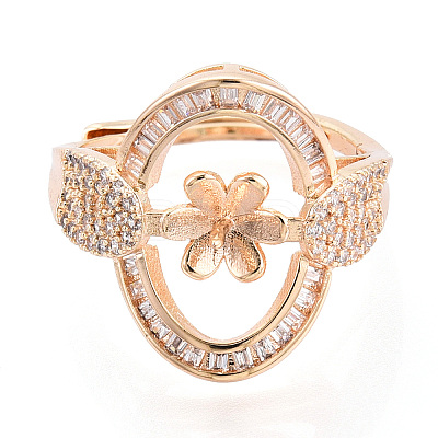 Oval Brass Micro Pave Clear Cubic Zirconia Adjustable Ring Settings KK-T076-69G-1