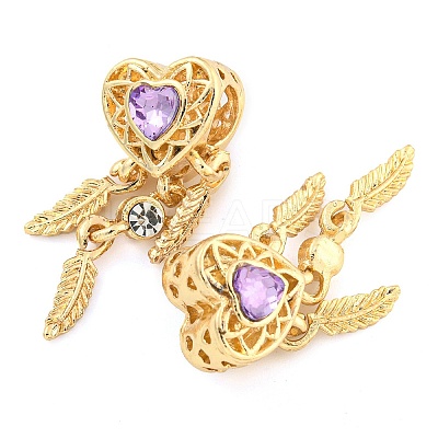 Rack Plating Alloy Pave Violet Rhinestone Heart with Feather European Dangle Charms FIND-B034-19G-03-1