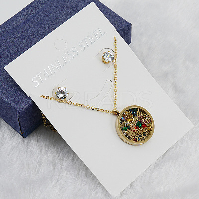 Mother's Day Flat Round with Flower & Word Mama Stainless Steel with Cubic Zirconia Pendant Necklaces & Stud Earring Sets WG8ED63-01-1