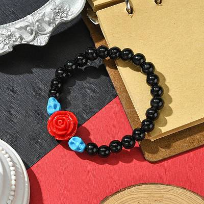 Halloween Theme 8.5mm Synthetic Black Stone Beaded Stretch Bracelets BJEW-JB10882-02-1