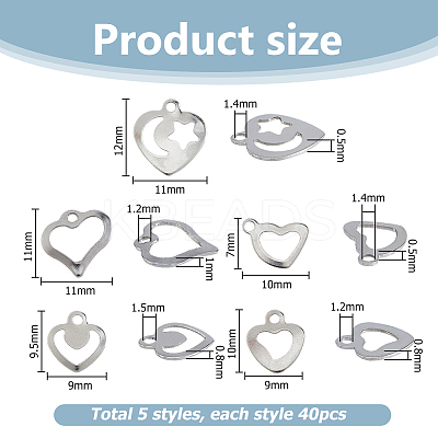 200Pcs 5 Styles 201 Stainless Steel Charms STAS-HS0001-12-1