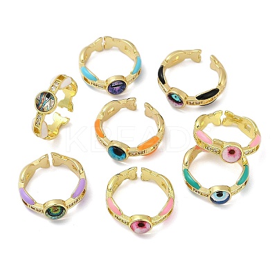 Brass Micro Pave Clear Cubic Zirconia Enamel Cuff Rings for Women RJEW-L113-023G-1