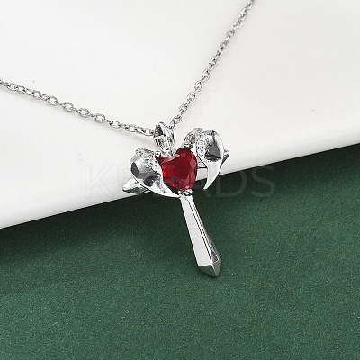 Brass Cubic Zirconia Wing Cross Pendant Necklaces for Women NJEW-C067-07P-01-1