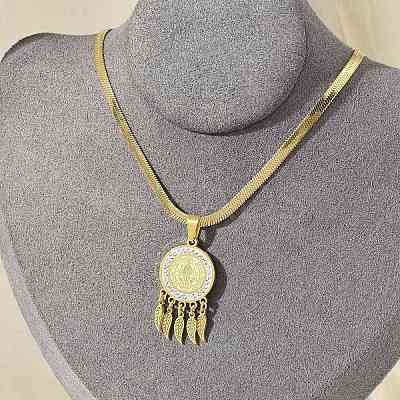 201 Stainless Steel Clear Cubic Zirconia Flat Round Saint Benedict Medal with Feather Pendant Necklaces NJEW-H055-03G-1